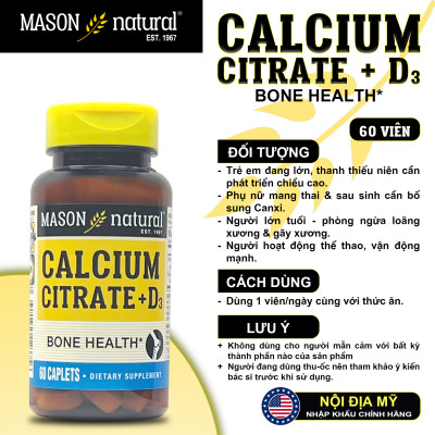 Calcium Citrate + D3 Mason Natural Hộp 60 viên canxi hữu cơ tăng chiều cao chắc xương không sỏi thận