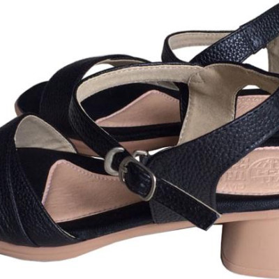 Giày xăng đan nữ quai ngang Trường Hải da bò thật màu  đen gót vuông đế PU siêu nhe  cao 5cm màu đen SDN0741 [HÌNH ẢNH THẬT]