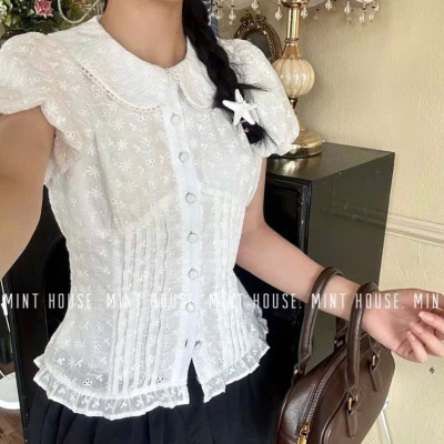 Áo sơ mi ren hoa cổ sen cao cấp-Áo sơ mi kiểu