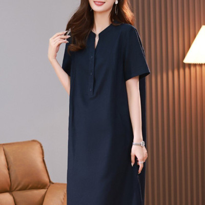 Đầm công sở cổ tàu phối nút, ngắn tay Hàn Quốc nữ trẻ trung, chất liệu Linen mềm mịn cao cấp Haint Boutique