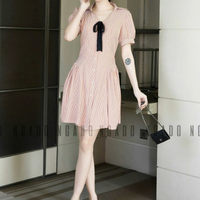 Đầm sọc cam đính nơ NGADO , đầm kiểu Nữ , đầm kẻ sọc