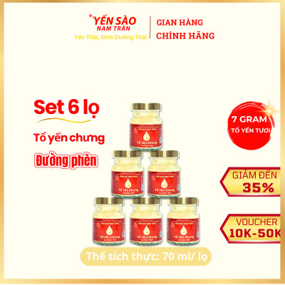 [Set 6 lọ Không hộp] Yến sào chưng Đường Phèn 7 gram Tổ Yến Tươi - Yến Sào Nam Trân, Bồi bổ sức khoẻ. Lọ 70 ml