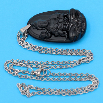 Vòng cổ phật Đại Thế Chí Bồ Tát - thạch anh đen 3.6cm DITTEB4 - dây inox bạc - tuổi Ngọ