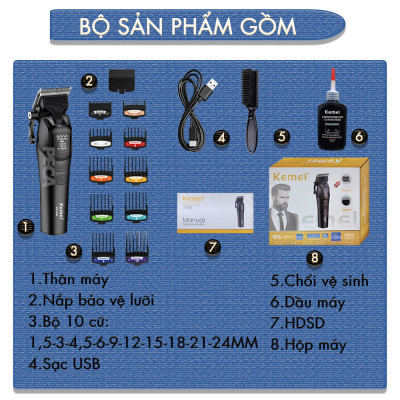 Tông đơ cắt tóc chuyên nghiệp Kemei KM-1858 lưỡi cắt mạ carbon công suất 10W điều chỉnh 5 mức tốc độ - Hàng chính hãng