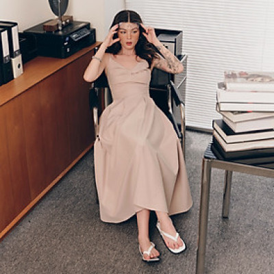 DOTTIE - Đầm midi xoắn ngực - Beige - D0701