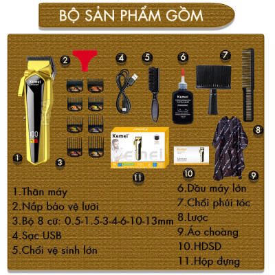 Tông đơ cắt tóc chuyên nghiệp Kemei KM-8539 lưỡi cắt mạ carbon công suất 5W tặng kèm áo choàng cắt tóc - Hàng chính hãng