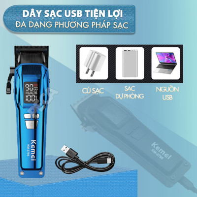 Tông đơ cắt tóc chuyên nghiệp Kemei KM-2796 lưỡi cắt mạ carbon DLC cao cấp có động cơ không chổi than màn hình LCD hiển thị công suất 10W - Tặng kèm lưỡi thay - Chính hãng