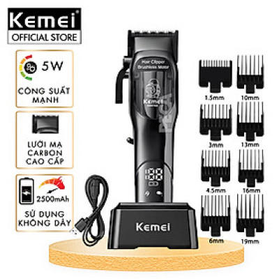 Tông đơ cắt tóc chuyên nghiệp Kemei KM-1766 lưỡi cắt mạ carbon DLC cao cấp có động cơ không chổi than màn hình LCD hiển thị công suất 5W - Chính hãng