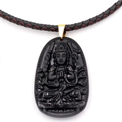 Dây chuyền mặt phật Thiên Thủ Thiên Nhãn thạch anh đen 5cm + dây da - phật bản mệnh tuổi Tý