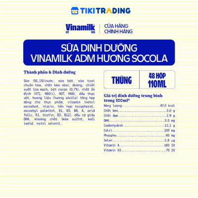Thùng 48 hộp sữa dinh dưỡng socola Vinamilk ADM 110ml