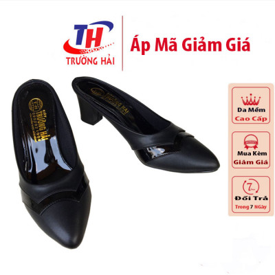 Giày sục nữ cao gót 5cm màu đen Trường Hải gót trụ da mềm mại CÓ SIZE LỚN
