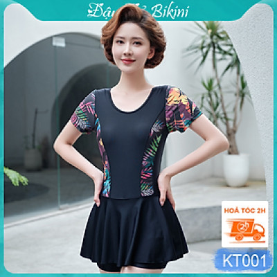 Bộ bơi nữ trung niên một mảnh quần đùi liền chân váy thời trang cho mẹ và bà, dấu bụng thon gọn kín đáo, chất bơi dày đẹp mịn mát co giãn cao, có size lớn | KT001