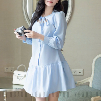 Đầm xanh tay dài phối nơ NGADO , đầm dự tiệc , công sở