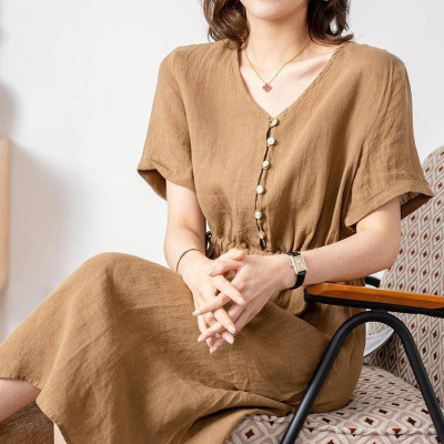 Đầm nữ cổ V phong cách Hàn Quốc thanh lịch, chất linen mát, dầm có túi siêu xinh NH173 nâu