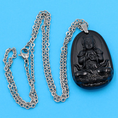 Vòng cổ phật Đại Nhật Như Lai - thạch anh đen 3.6cm DITTEB5 - dây inox bạc - kèm hộp nhung - tuổi Mùi, Thân