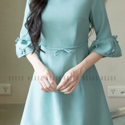 Đầm xanh mint tay chuông NGADO , đầm kiểu Nữ , đầm công sở , dự tiệc