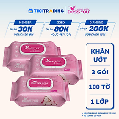 Combo 3 Gói Khăn Ướt Không Mùi Bless You Love 100 Tờ