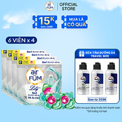 Combo 4 Túi Viên giặt xả arFum 5 trong 1 MỚI lưu hương lâu 16 tuần, khử khuẩn 99% - 6 Viên/ Túi