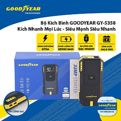 Bộ Kích Bình Cho Xe Hơi 670A GOODYEAR GY-5358 Đa Chức Năng Sạc Dự Phòng 12000mAh Đèn LED Khẩn Cấp - Hàng Nhập Khẩu