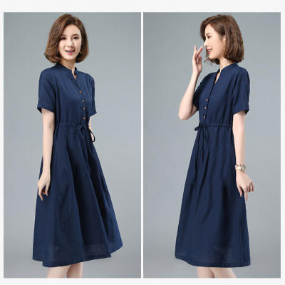 Đầm suông cổ tròn, chất liệu linen mặc dề chịu có dây thắt eo màu xanh đen da160