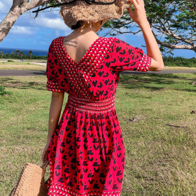 Váy maxi lửng dáng xòe, họa tiết thổ cẩm nổi bật, chất dày đẹp, đầm nữ vintage cổ chữ V, váy đi biển, du lịch đẹp | MX012