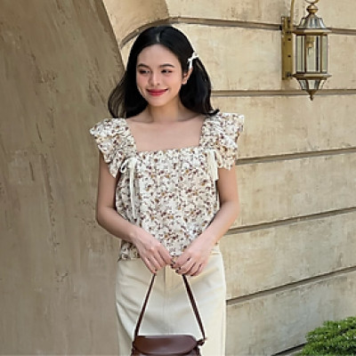 Áo kiểu nữ form ngắn tay phồng cổ chữ U họa tiết hoa Jessie Miều Est.2013