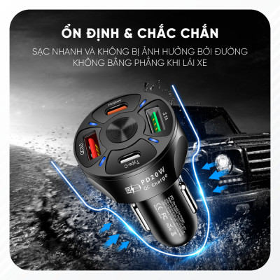 Tẩu Sạc Điện Thoại USB Type C Hỗ Trợ Sạc Nhanh 20W | Tẩu Sạc Điện Thoại 4 Cổng Sạc Tương Thích Với Nhiều Thiết Bị, Có Công Nghệ Sạc Nhanh QC 3.0 PD 20W