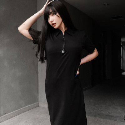 LAAS Đầm suông cổ polo DK đen form rộng thoải mái năng động