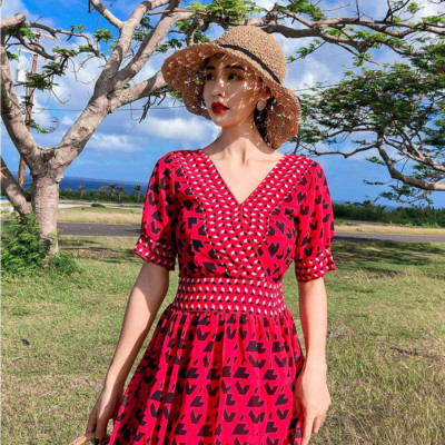 Váy maxi lửng dáng xòe, họa tiết thổ cẩm nổi bật, chất dày đẹp, đầm nữ vintage cổ chữ V, váy đi biển, du lịch đẹp | MX012