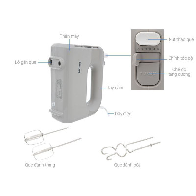 Máy đánh trứng, trộn bột cầm tay Philips HR3705, công suất 300W, 5 tốc độ, bảo hành 2 năm|Hàng Chính Hãng