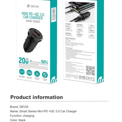 Sạc trên xe hơi Devia Mini hỗ trợ sạc nhanh PD + QC (20W)- Hàng chính hãng