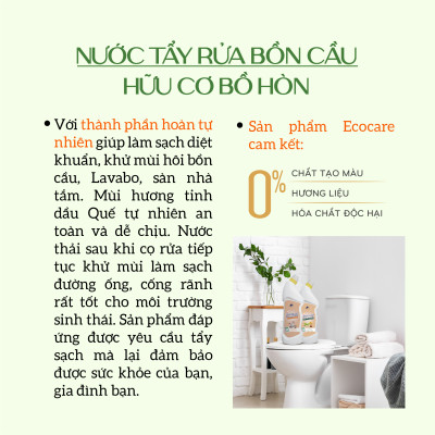 Nước tẩy rửa bồn cầu hữu cơ Ecocare 1L làm sạch, diệt khuẩn, khử mùi hiệu quả với tinh dầu Sả chanh/Quế