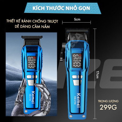 Tông đơ cắt tóc chuyên nghiệp Kemei KM-2796 lưỡi cắt mạ carbon DLC cao cấp có động cơ không chổi than màn hình LCD hiển thị công suất 10W - Tặng kèm lưỡi thay - Chính hãng