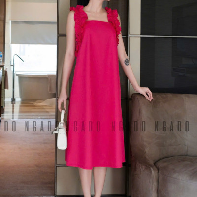 Đầm hồng sen nhún vai NGADO , đầm suông , đầm dài