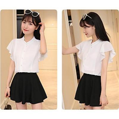 Sơ mi nữ màu trắng, áo cổ tàu tay cánh tiên S19