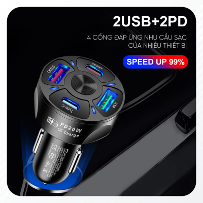 Tẩu Sạc Điện Thoại USB Type C Hỗ Trợ Sạc Nhanh 20W | Tẩu Sạc Điện Thoại 4 Cổng Sạc Tương Thích Với Nhiều Thiết Bị, Có Công Nghệ Sạc Nhanh QC 3.0 PD 20W