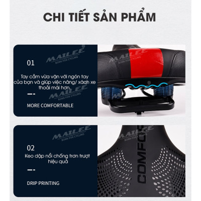 Đệm Yên Xe Đạp Bản Rộng Lớn CF-01 đa lò xo mặt dưới, mút đàn hồi dày, bọc da PU, khung kim loại cho xe đạp MTB, xe thể thao, có tay nắm sau, 2 cách lắp đặt - Mai Lee