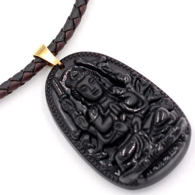 Dây chuyền mặt phật Thiên Thủ Thiên Nhãn thạch anh đen 5cm + dây da - phật bản mệnh tuổi Tý