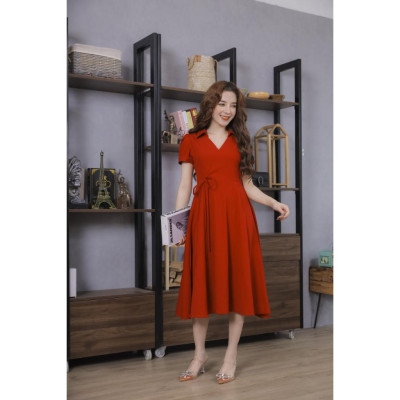Váy Trơn Màu Đỏ Nơ Eo Cao Cấp 23V046 Pi Style