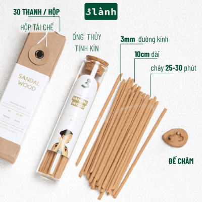 Nhang Thủ Công Đàn Hương 3 Lành Hộp 30 Que 100 % Tự Nhiên Tặng Kèm Đế Chăm Không Hóa Chất Xông Thơm