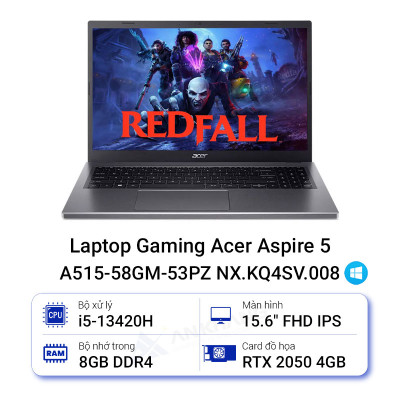 Máy tính xách tay Acer N22Q25 (A515-58GM-53PZ) (i5-13420H;8GB; 512GB SSD; RTX2050/4GB;15.6" FHD; Win11; Xám;NX.KQ4SV.008) - HÀNG CHÍNH HÃNG