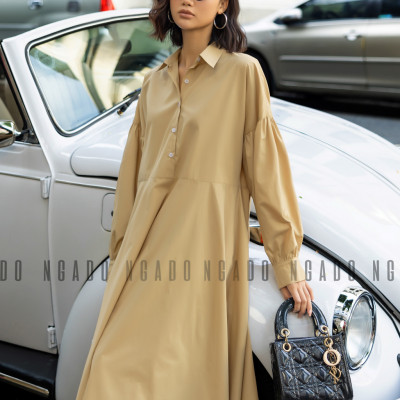 Đầm sơ mi nâu dài tay NGADO , đầm nữ , Đầm suông , Đầm phom rộng nữ thiết kế