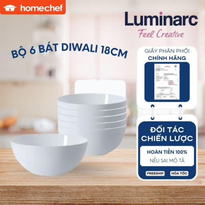 Bát tô/Bộ 6 bát tô thủy tinh Luminarc Diwali 18cm N3975*6, dùng lò vi sóng, máy rửa bát