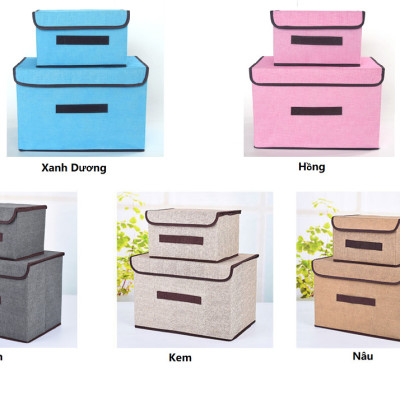 Bộ 2 hộp vải đựng đồ vải canvas siêu xinh có nắp đậy, tủ vải đựng đồ hộp cái quai xách, Hộp vải đựng đồ tiện lợi, thùng đựng quần áo đa năng gấp gọn,  hộp vải đựng vật dụng siêu bền - B2HV