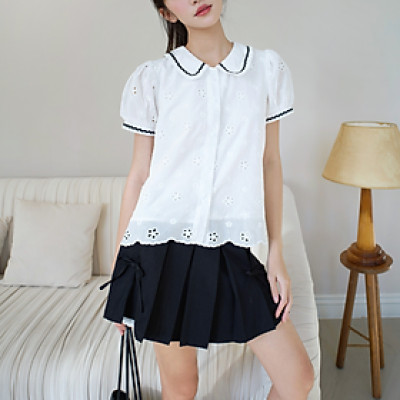 Chân váy xếp ly nhỏ dáng xòe cạp cao viền ren cột nơ trước Mora Miều Est.2013