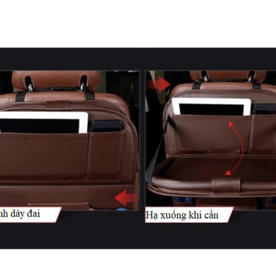 Túi treo đồ kiêm giá để đồ bằng da trên ô tô màu đen và nâu