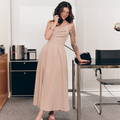 DOTTIE - Đầm midi xoắn ngực - Beige - D0701