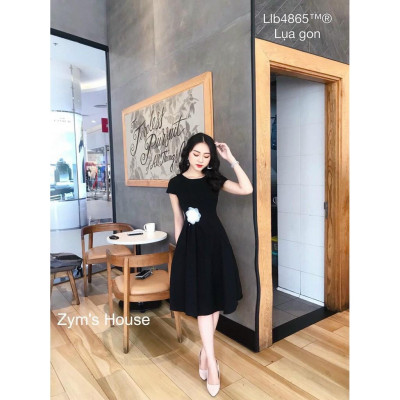 Đầm xòe màu đen ngực cài hoa hàng công sở size (40kg-50kg)
