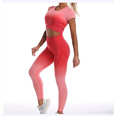 Bộ Quần Áo Thể Thao Nữ Gồm Quần Dài Và áo Ngắn Tay Croptop Vải Dệt Kim Quảng Châu ( Áo đã sẵn mút nâng ngực )