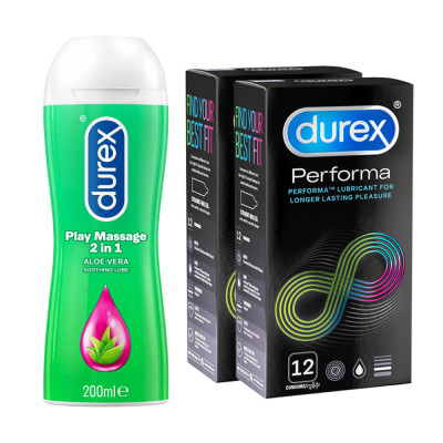 Bộ 2 hộp bao cao su Durex Performa kéo dài thời gian (size 52mm, 12 bao/hộp) và 1 chai gel bôi trơn Durex Massage 2n1 200ml